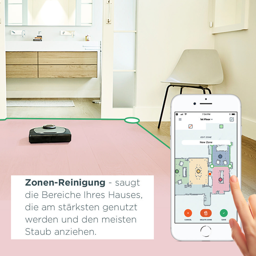 Ein Roboter-Staubsauger und ein Telefon, das einen Grundriss zeigt. Eine Hand berührt den Bildschirm, um eine Reinigungszone zu speichern.