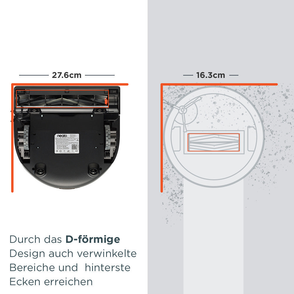 Roboter-Staubsauger, Maße 27,6 cm und 16,3 cm. Text: 'D-förmiges Design erreicht Ecken'.