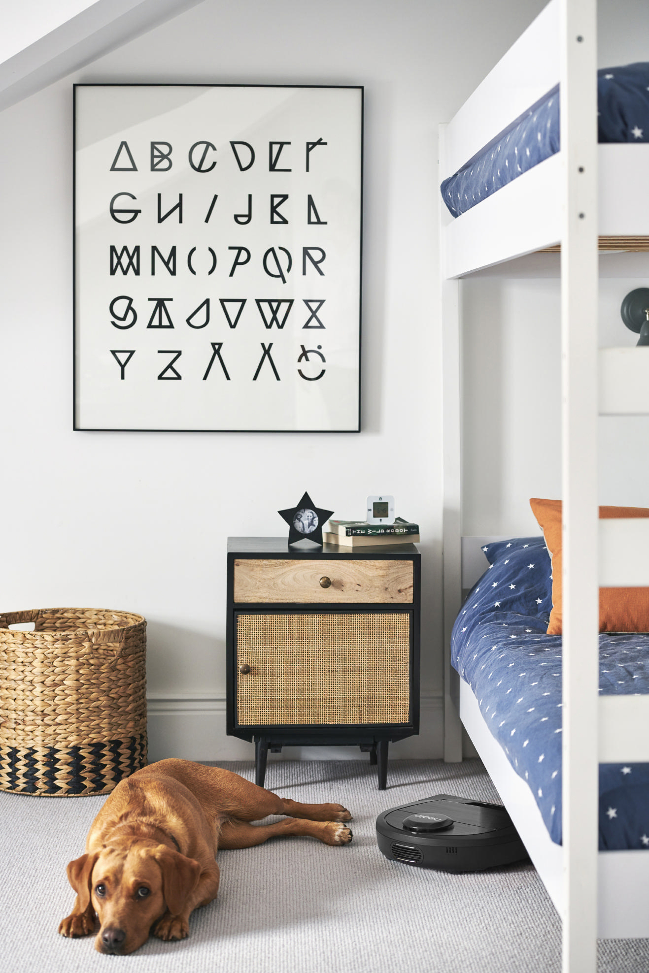 Ein Schlafzimmer mit Hund, Bett, Nachttisch und gerahmter Alphabetkunst. Ein Roboterstaubsauger steht auf dem Boden.