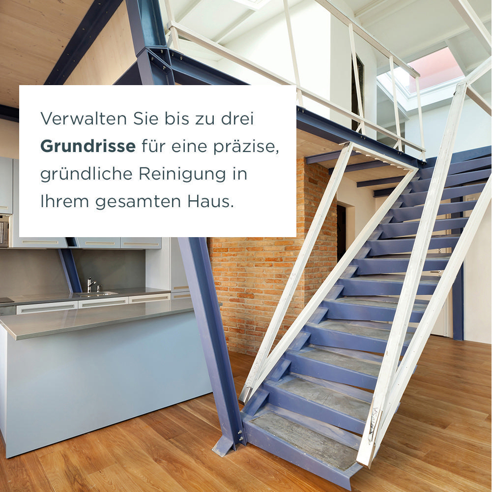 Modernes Interieur mit blauer Treppe und Küche. Text auf dem weißen Quadrat: bis zu drei Grundrisse verwalten.