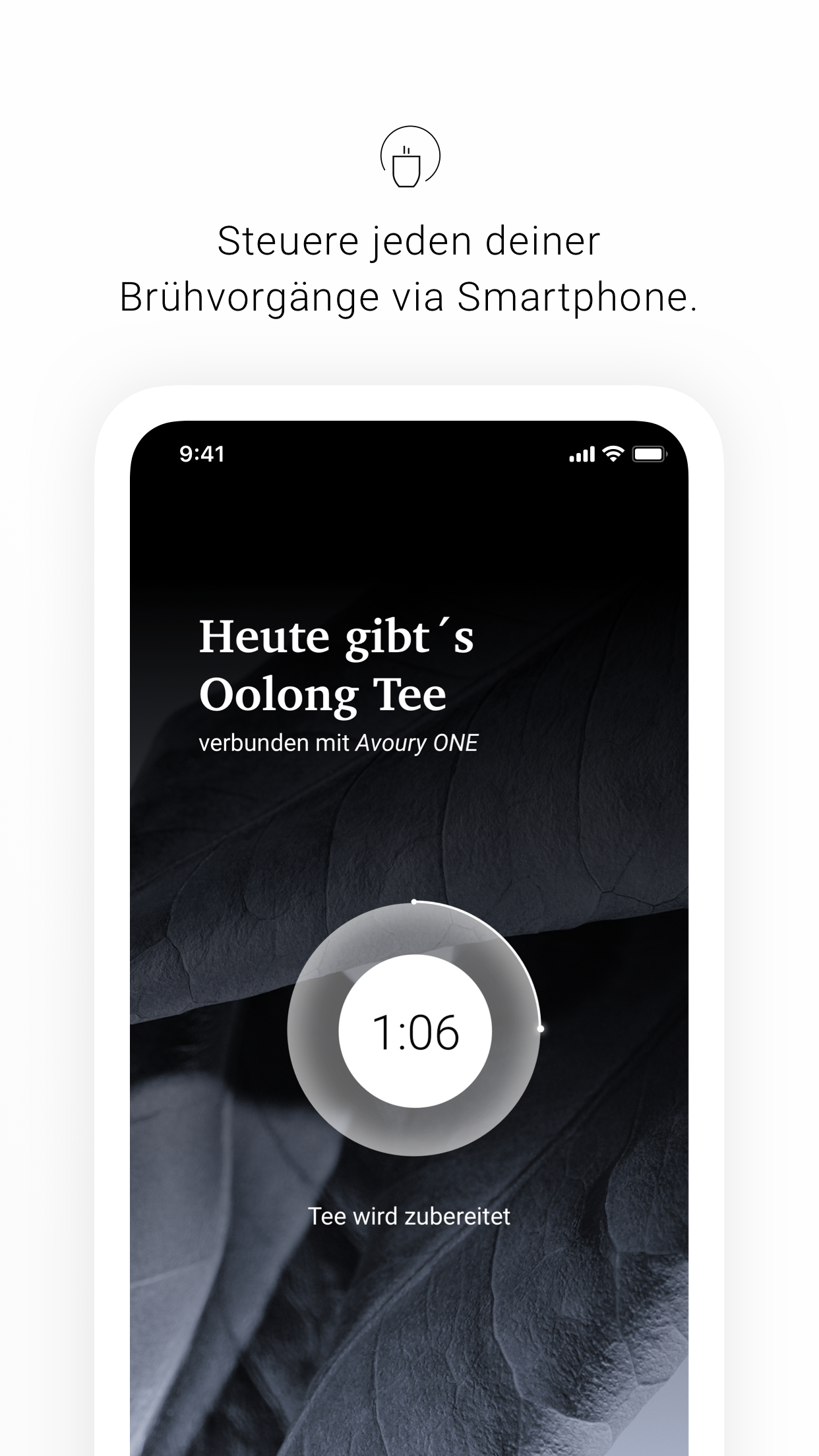 Smartphone-Bildschirm mit App, Text und Timer über einem Blatt-Bild.