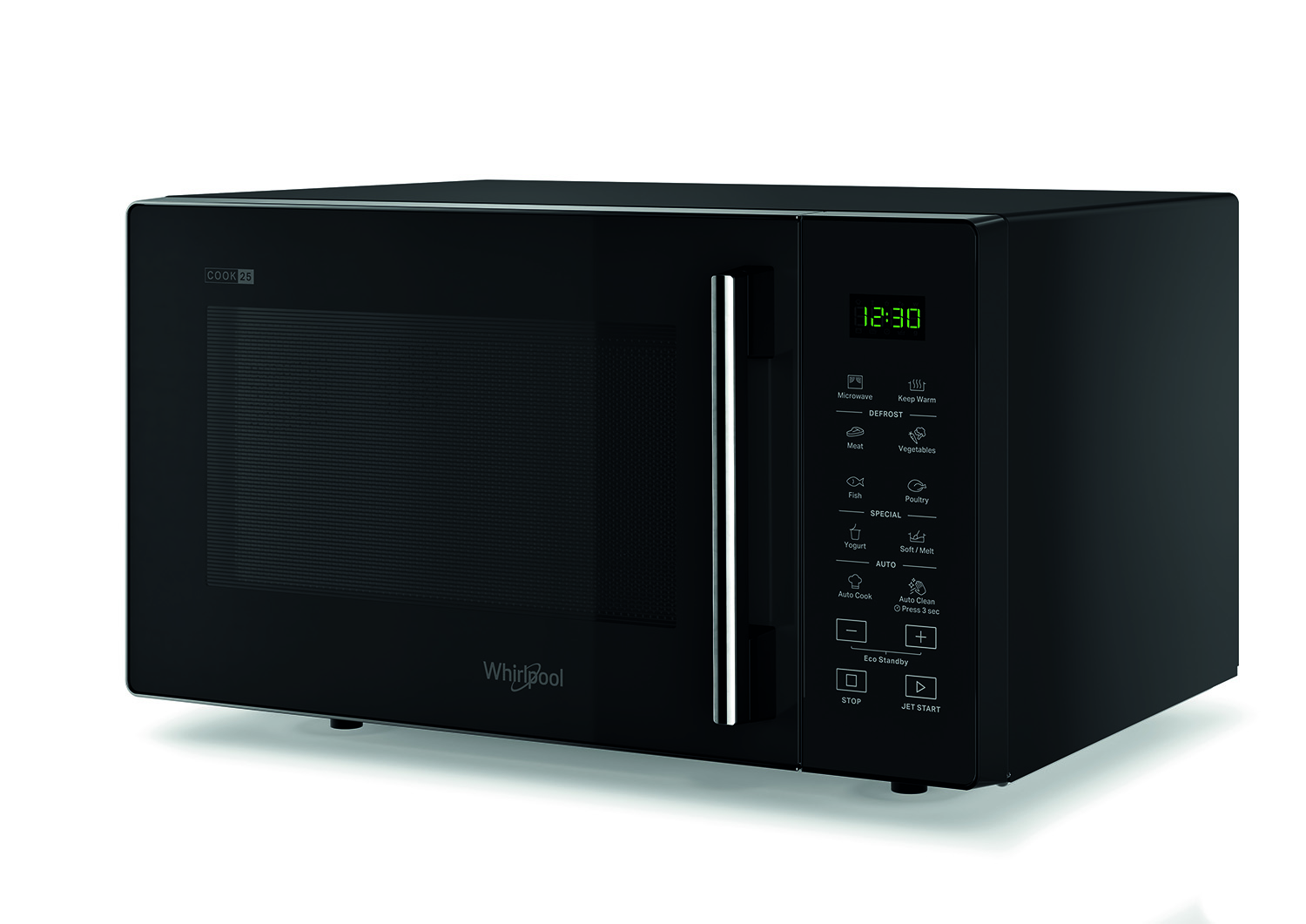 Een zwarte Whirlpool magnetron op een wit oppervlak.