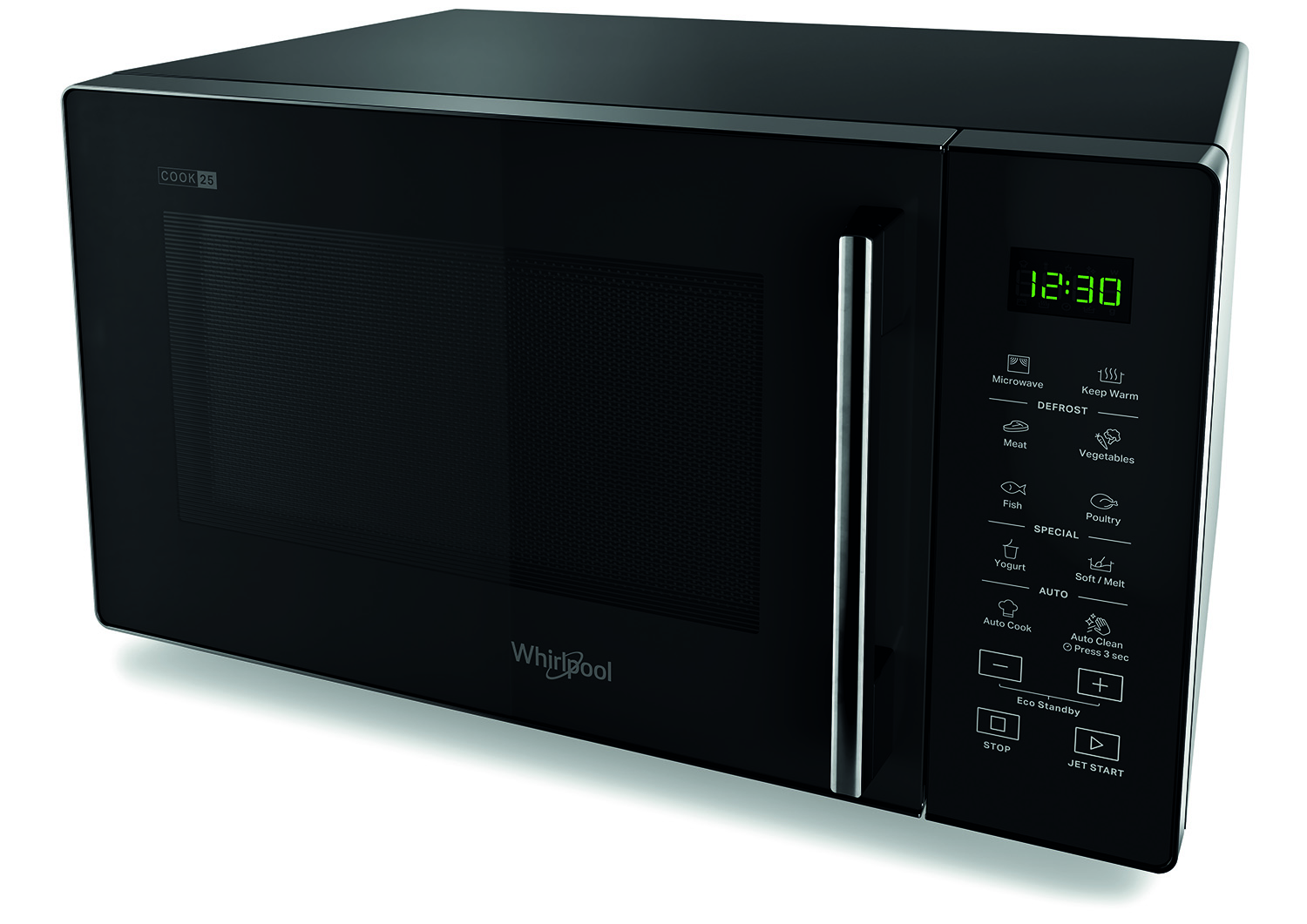 Zwarte magnetron met een digitaal display en bedieningsknoppen. Het merk is Whirlpool.