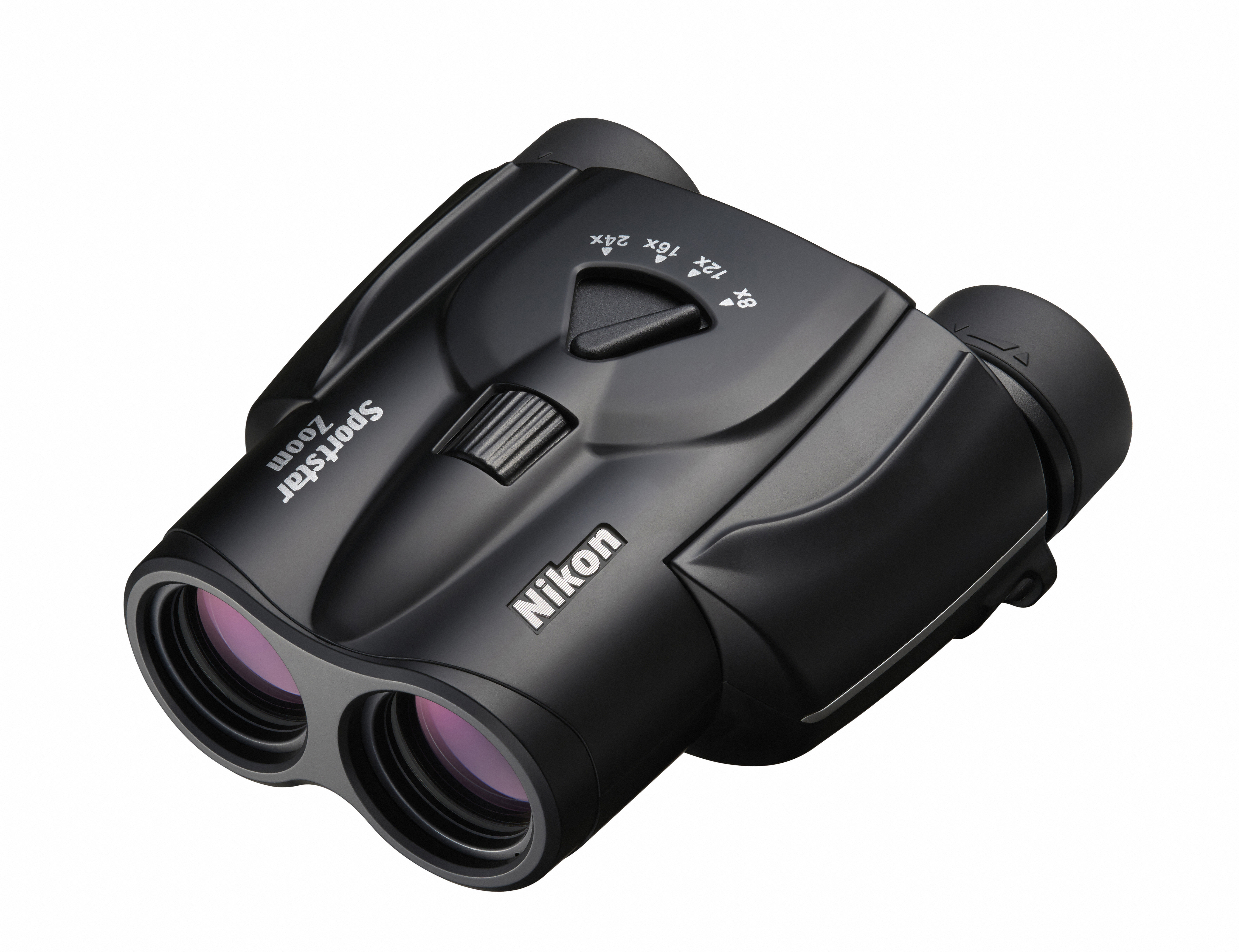 Schwarzes Nikon Sportstar Zoom Fernglas auf weißem Hintergrund, Winkelaufnahme, mit Zoomeinstellungen.