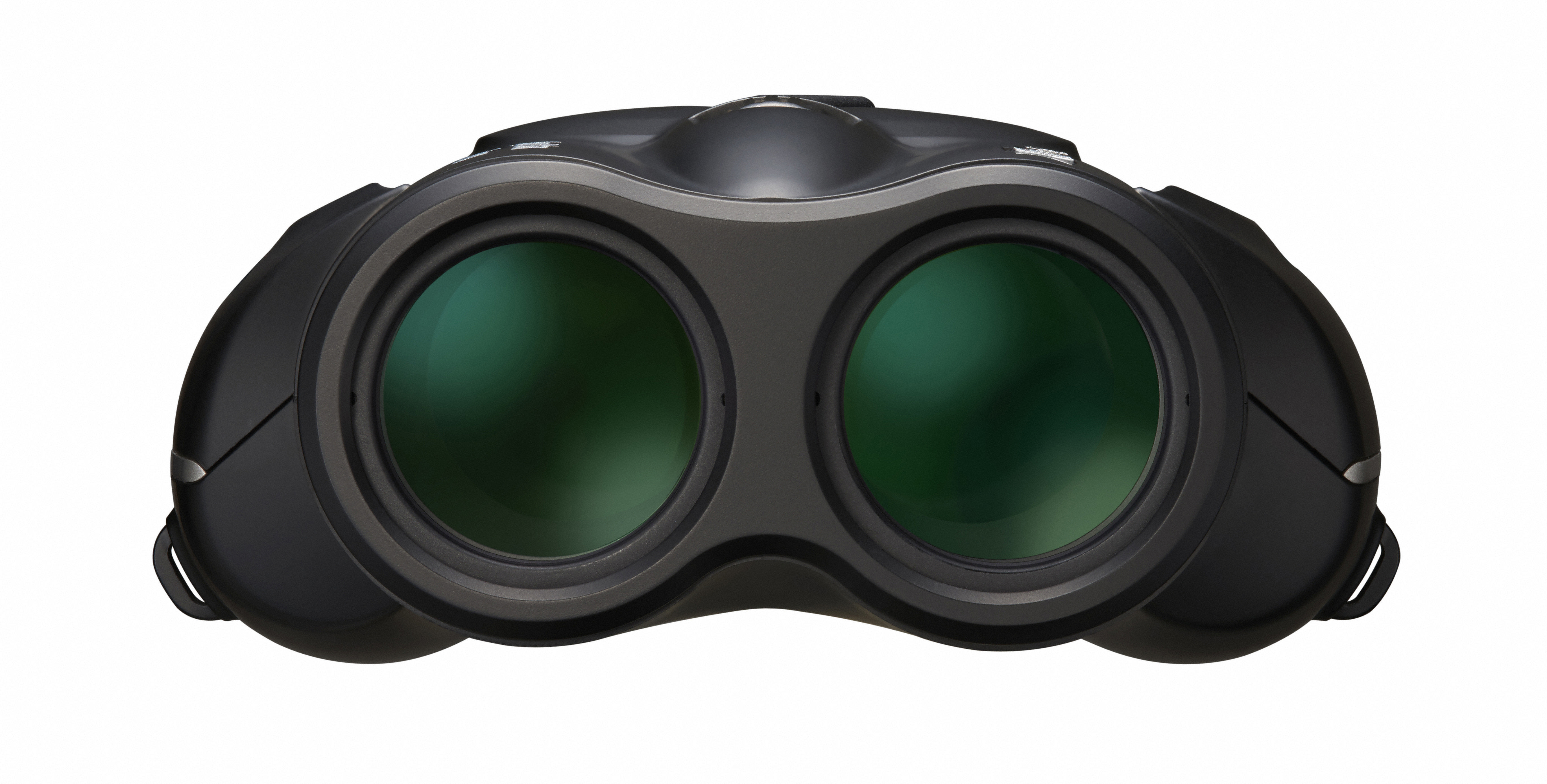 Schwarzes Fernglas, Nahaufnahme. Grüne Linsen sind sichtbar.