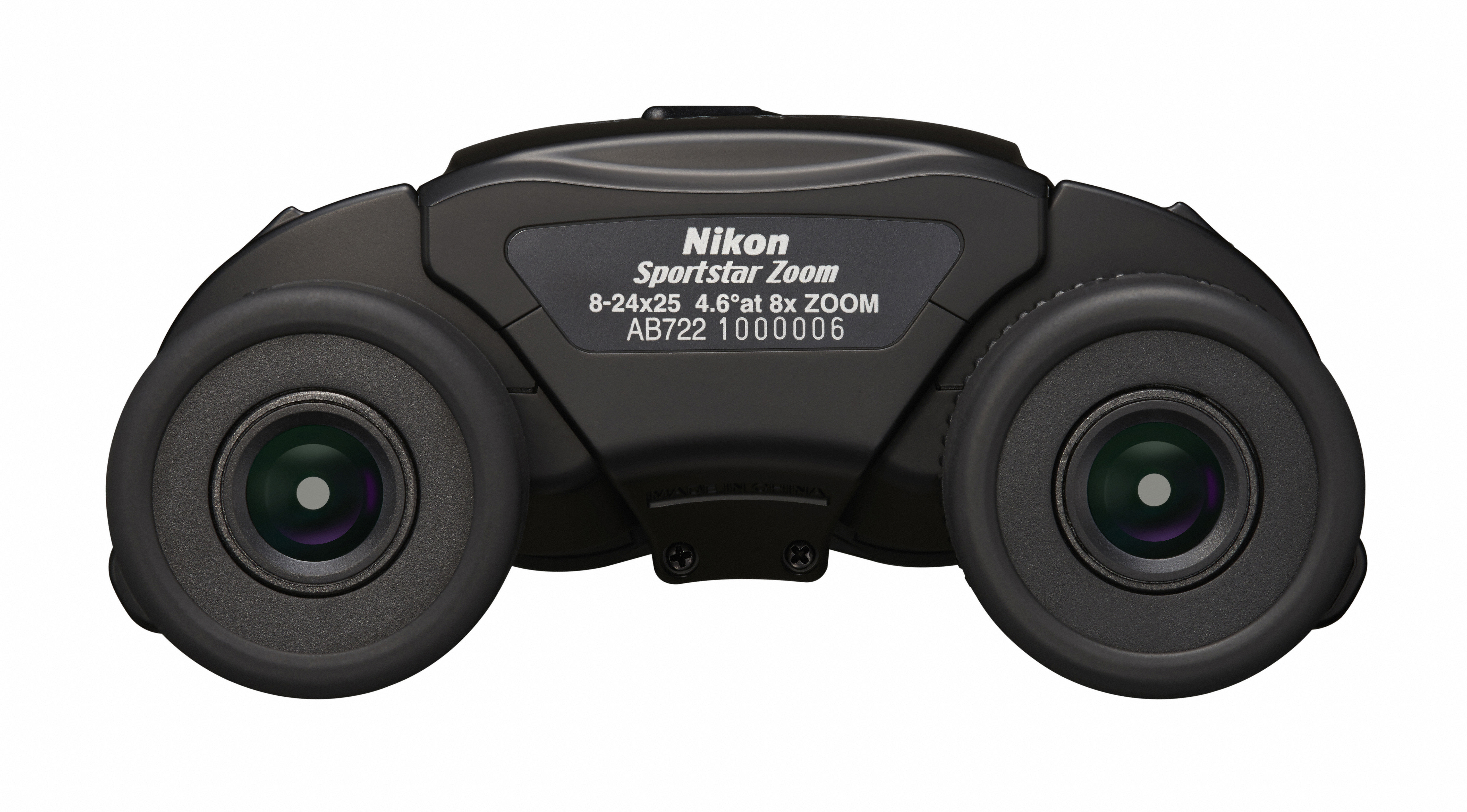 Schwarzes Nikon Sportstar Zoom Fernglas auf weißem Hintergrund, Nahaufnahme, mit Text darauf.