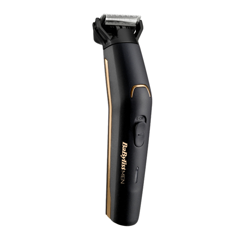Recortadora Babyliss para hombre negra y dorada sobre fondo blanco.