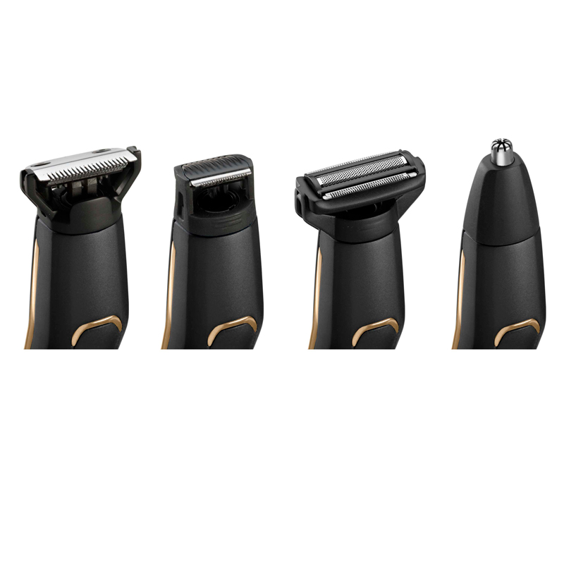 Cuatro accesorios de herramientas de aseo negro y dorado, cada uno con un cabezal de corte diferente.