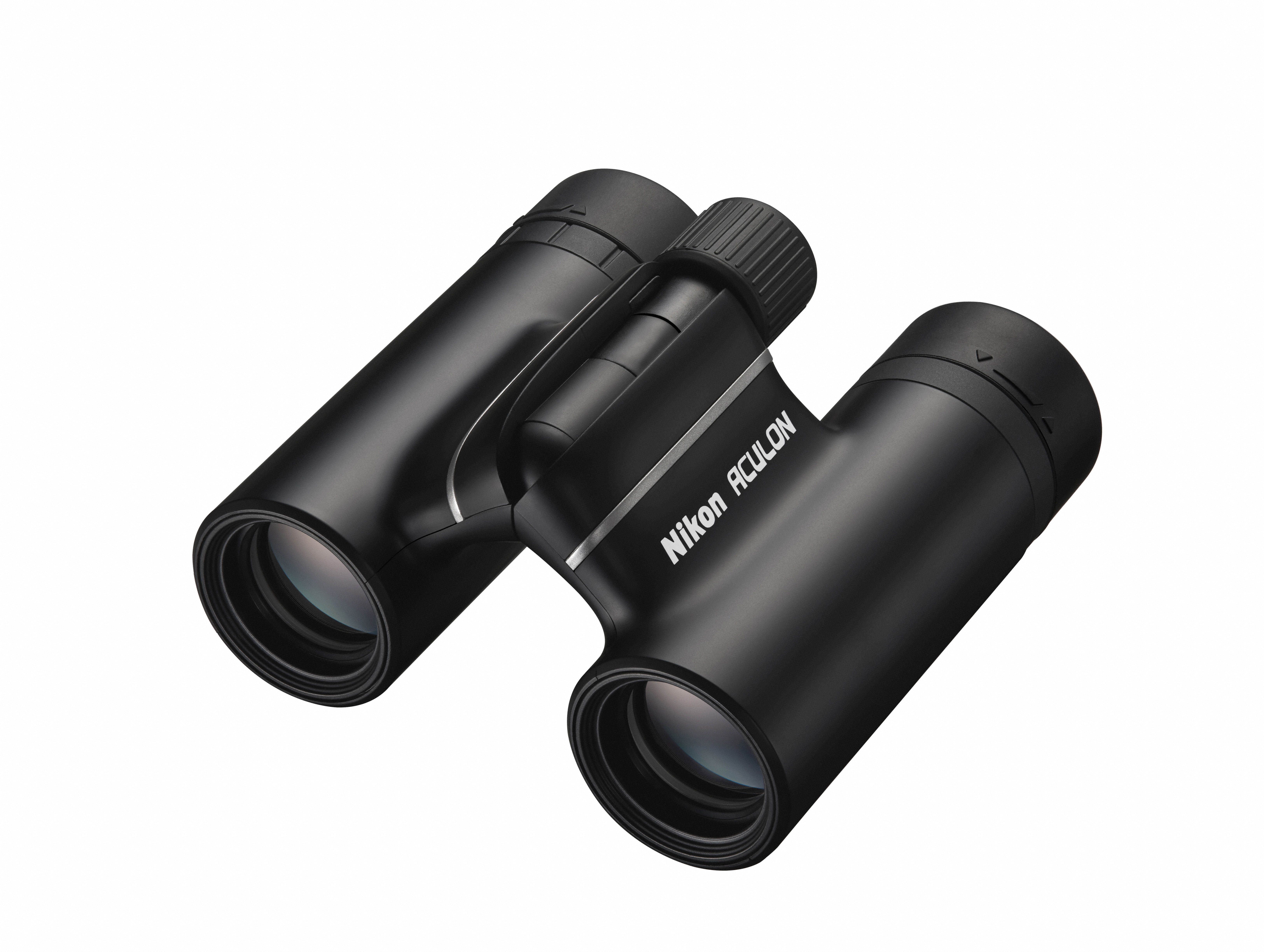 Schwarzes Fernglas auf weißem Hintergrund. Sie haben das Nikon Aculon Logo.