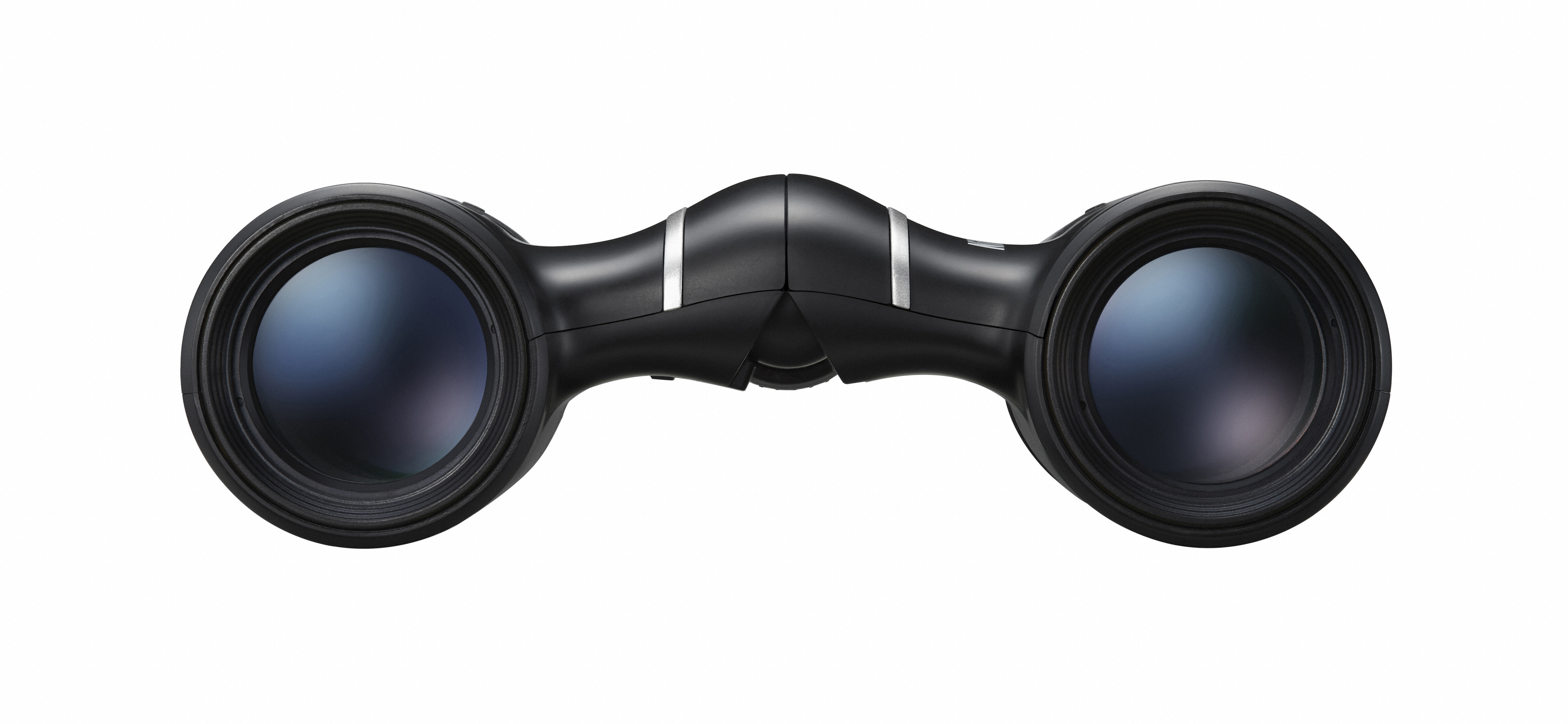 Schwarzes Kompaktfernglas mit dunklen Gläsern, von vorne betrachtet.