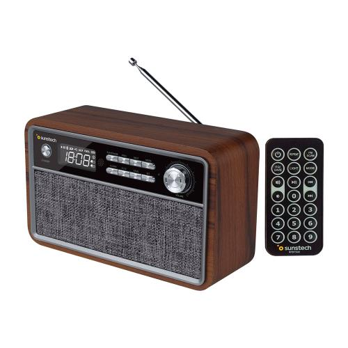 Radio Sunstech Rpbt500 retro madera fm bluetooth usb mando 6w rpbt500. compacta de con presintonías modo reloj alarma dual. altavoz v4.2 graves potentes libres micro sd y auxin. incluye distancia. rpbt500wd 6