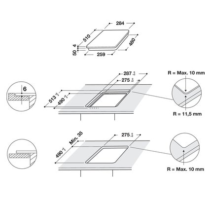 Fekete főzőlap diagramja, méretekkel. Kivágási részletekkel.