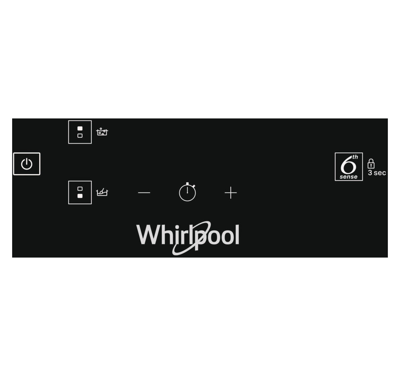 Fekete Whirlpool főzőlap vezérlőpanel ikonokkal és szöveggel, beleértve a bekapcsolást, időzítőt és 6th sense-t.