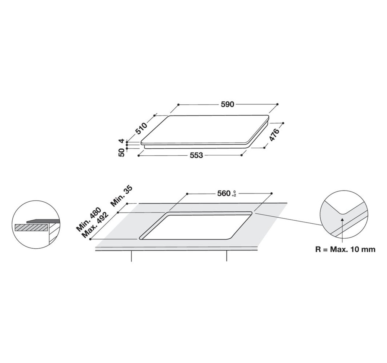 Fekete főzőlap diagramja méretekkel és kivágási követelményekkel.