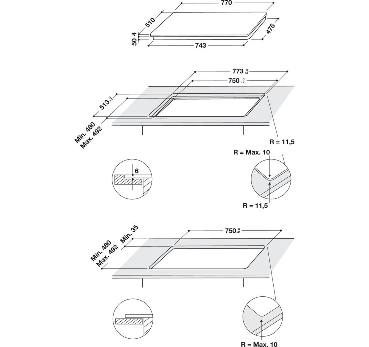 Beépített indukciós főzőlap diagramja.