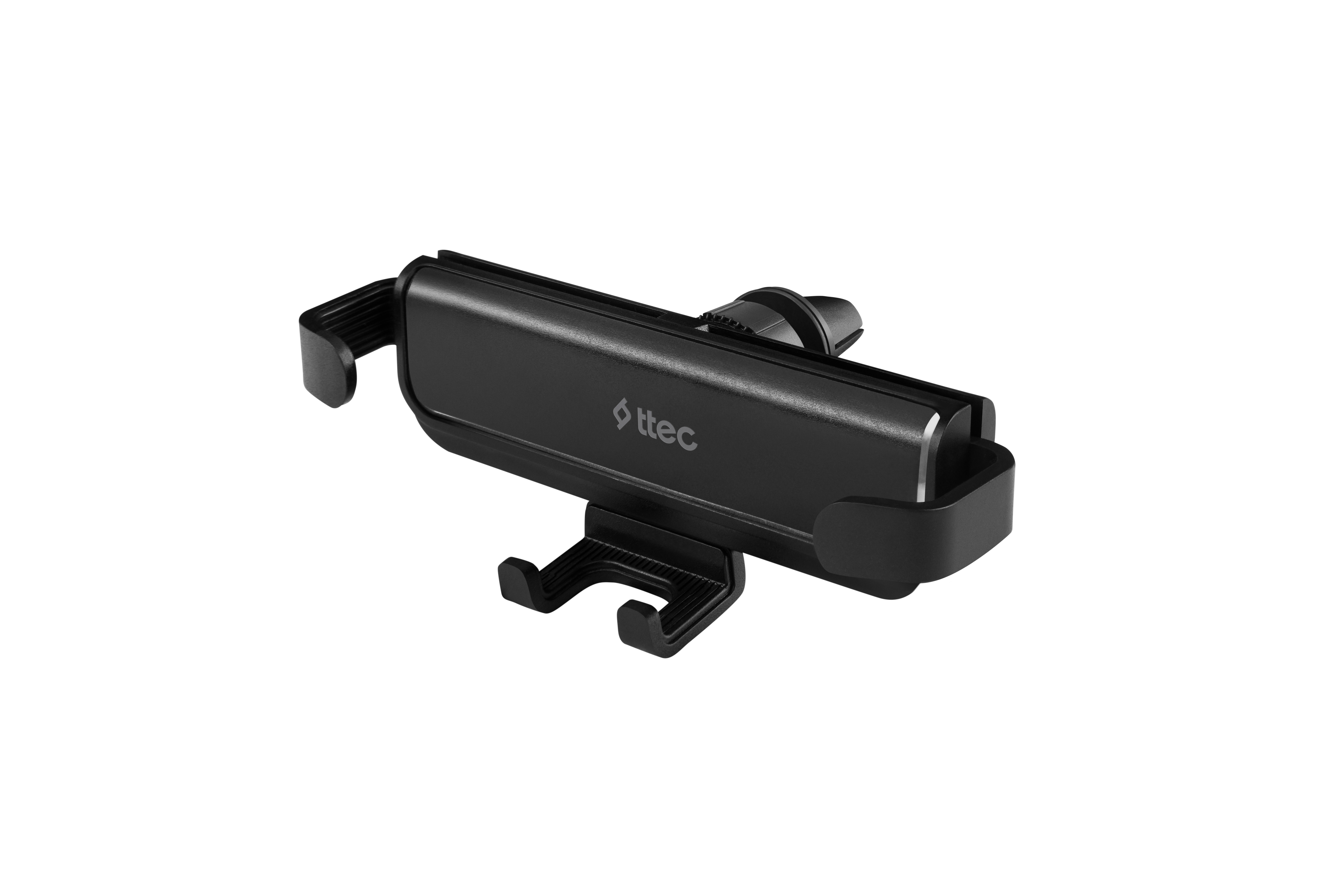 Siyah telefon araç tutucu, ttec logosuyla, bir telefon takmak için tasarlandı.