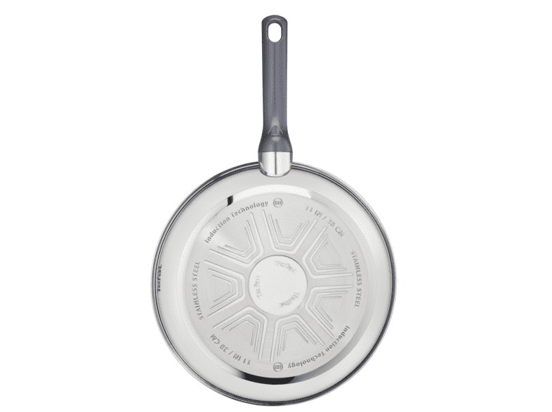Sartén plateada con mango gris. Tecnología de inducción. Fondo blanco. Marca Tefal.