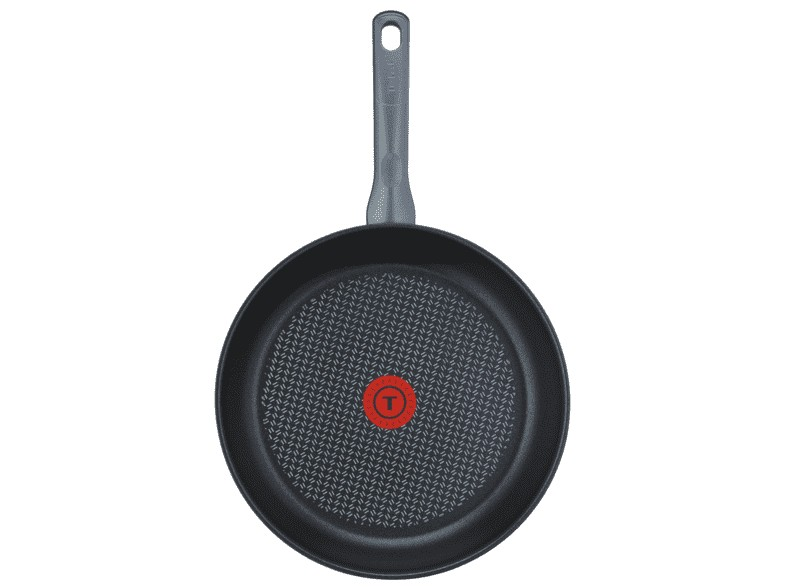 Una sartén negra con el logotipo rojo de T-fal y un mango gris.