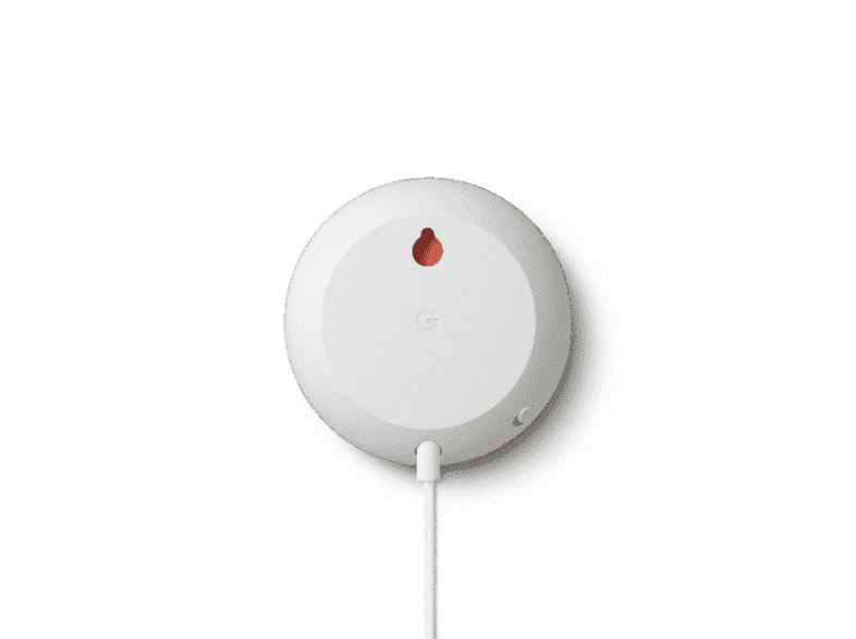 Google Nest Mini blanco, vista inferior, con cable blanco y orificio naranja para colgar.
