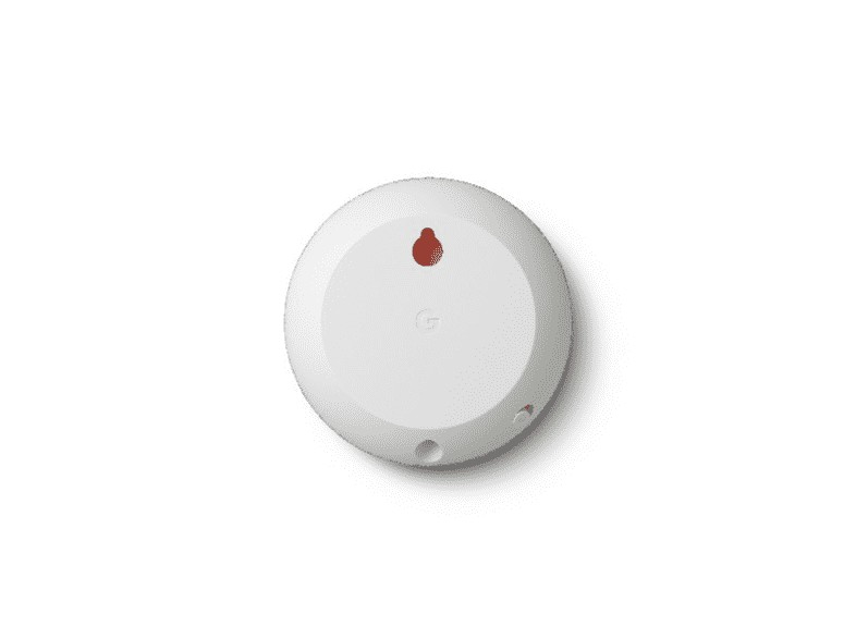 Un detector de humo Google Nest blanco con un botón rojo en la parte superior.