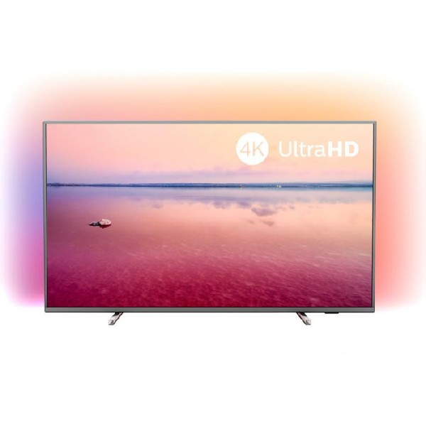 Una gran pantalla de TV que muestra un paisaje escénico con un cielo rosa y morado, etiquetado como '4K UltraHD'.