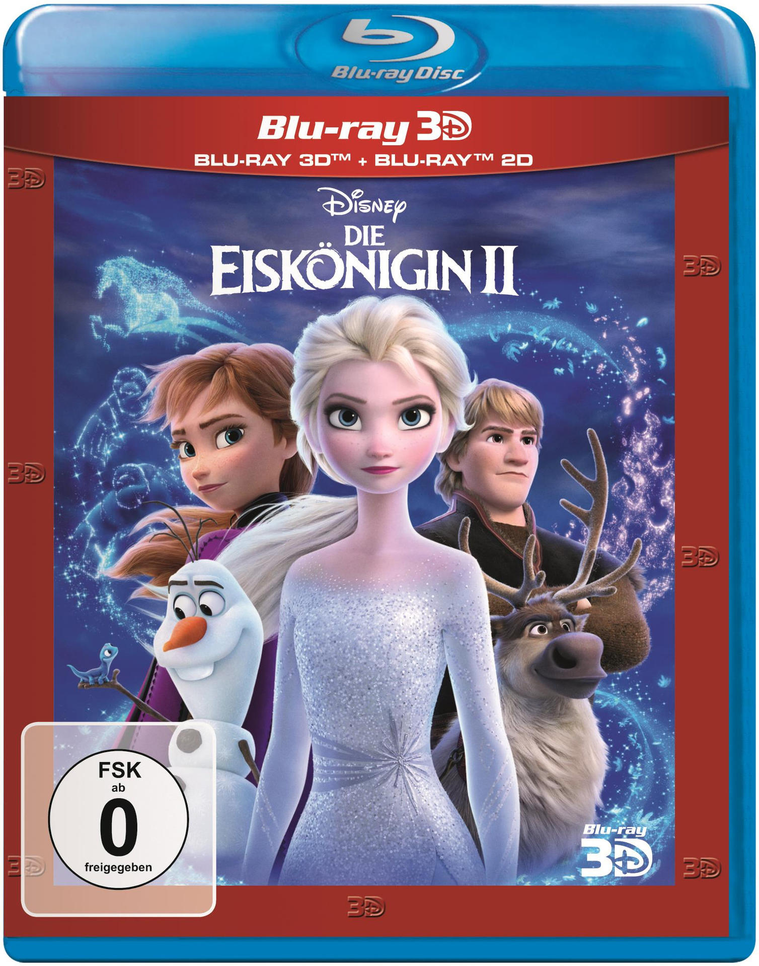 Frozen 2 Blu-ray-Disc-Cover. Es zeigt Elsa, Anna, Kristoff und Olaf in einer Schneeszene.