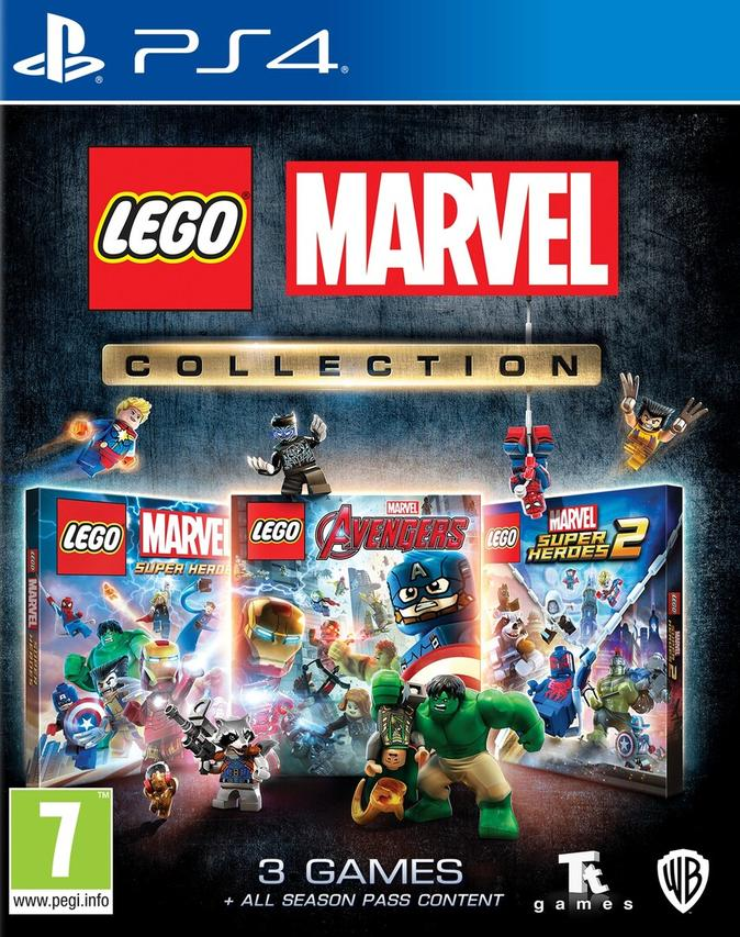 Lego Marvel Collection PS4 játékdoboz, több Lego Marvel játék borítóval és logóval.