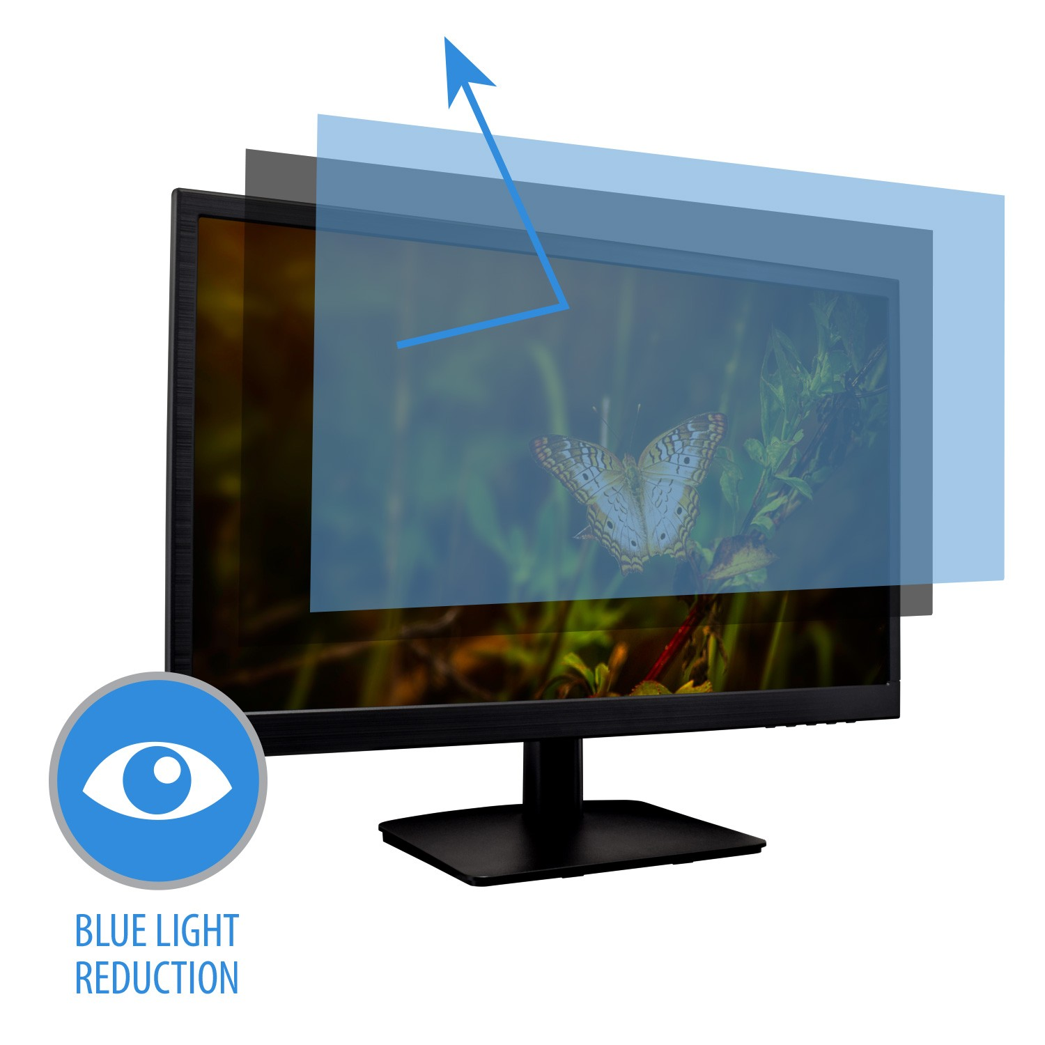 Monitor mit Schmetterling und Augensymbol. Blaulichtreduktion.