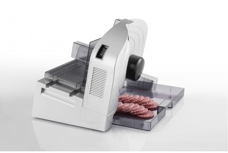 Slicer with salami slices, white background, cooking equipment.