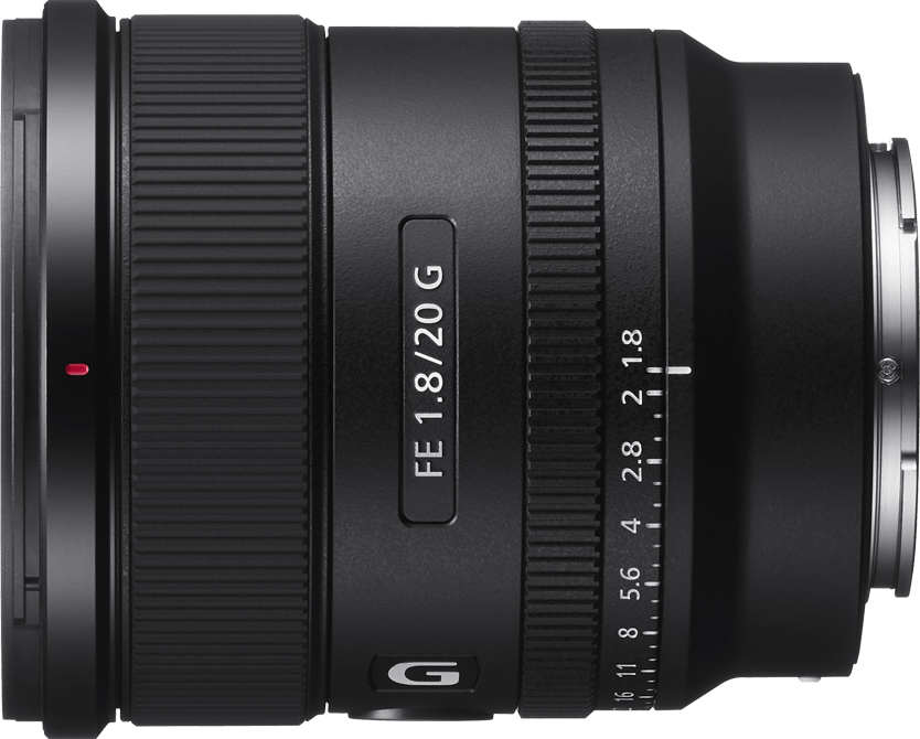 Schwarzes Sony FE 1.8/20 G Objektiv mit Fokusring und Markierungen.