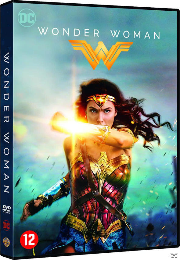 DVD-hoes van Wonder Woman. De afbeelding toont Wonder Woman met een gouden tiara, die haar zwaard vasthoudt. De achtergrond is blauw.