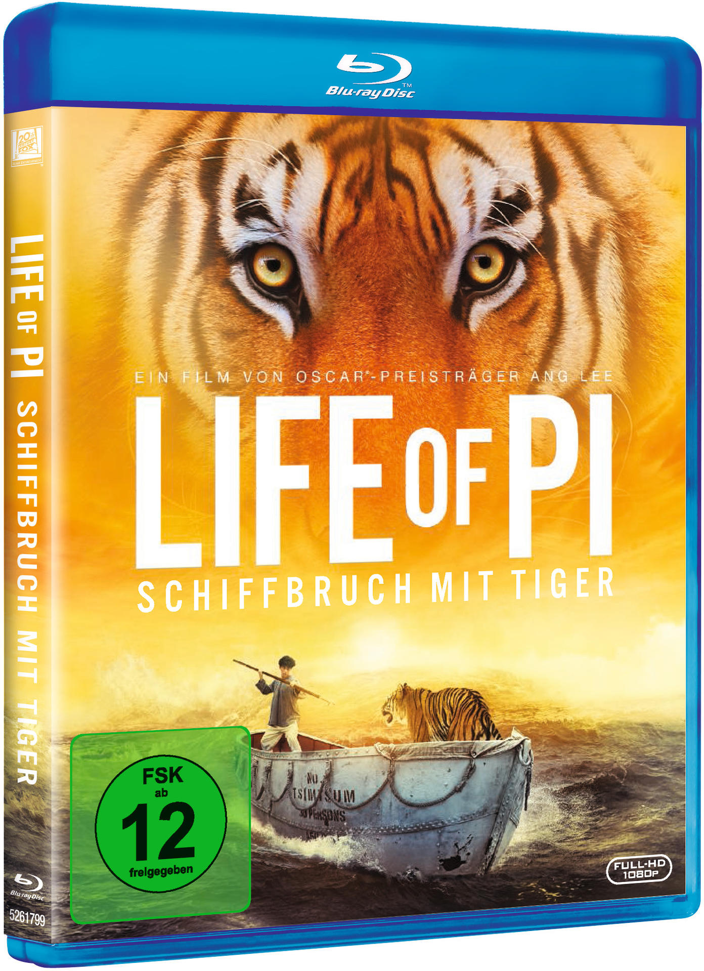 Filmcover: Life of Pi, mit einem Tiger, einem Jungen auf einem Boot und Meereswellen.