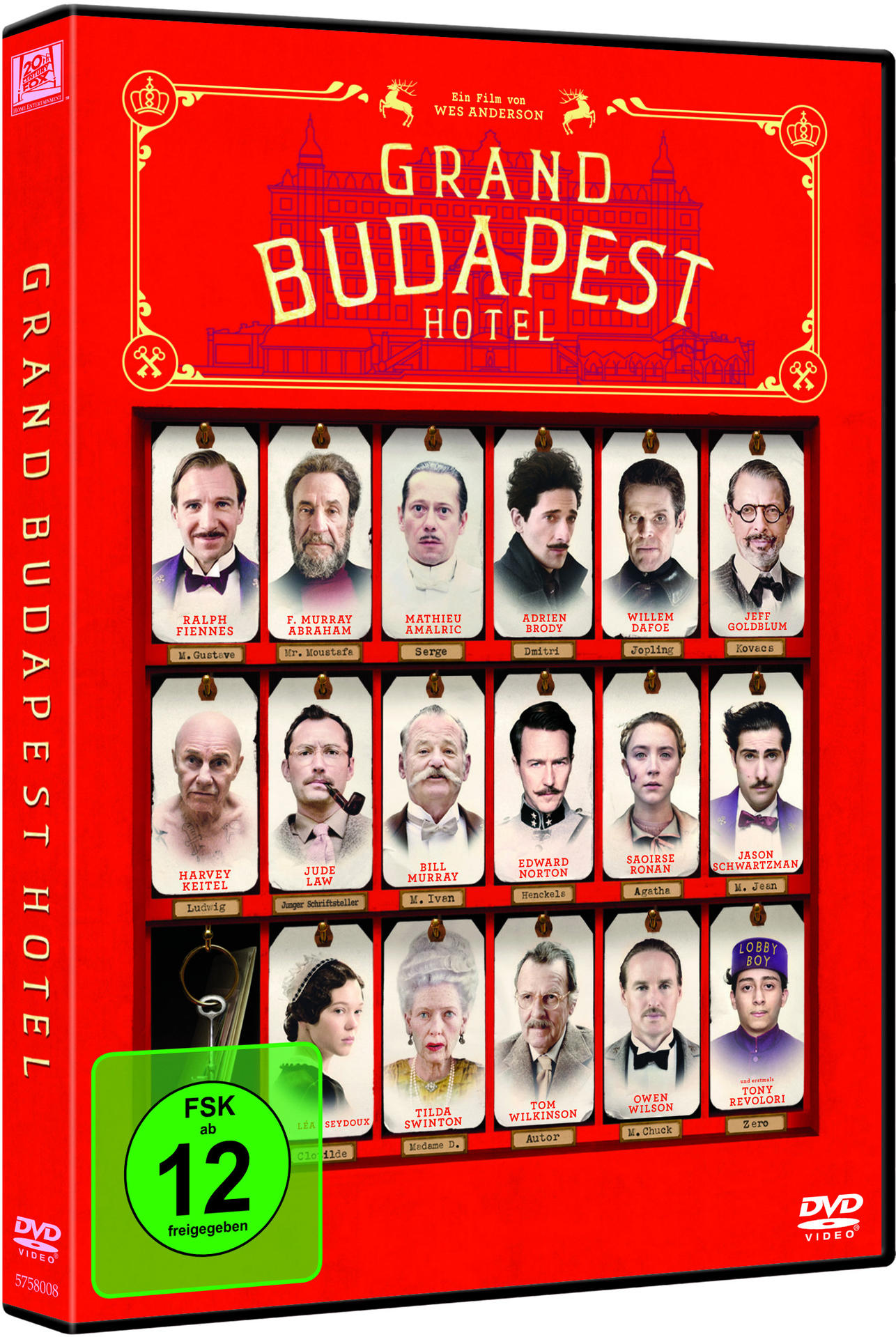 DVD-Cover des Films The Grand Budapest Hotel, mit Fotos der Schauspieler und rotem Hintergrund.
