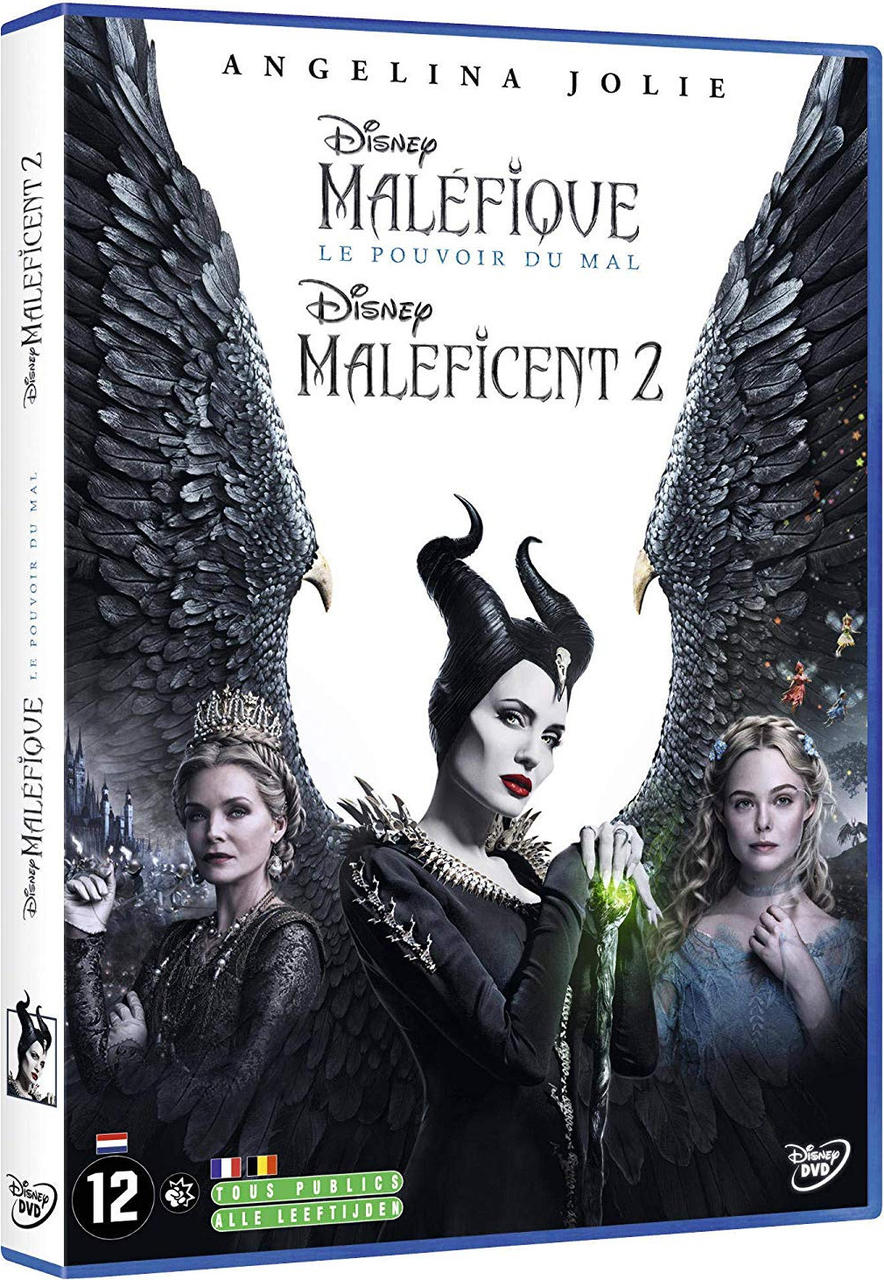Maleficent 2 DVD cover. Angelina Jolie, wings and two other women on a white cover.