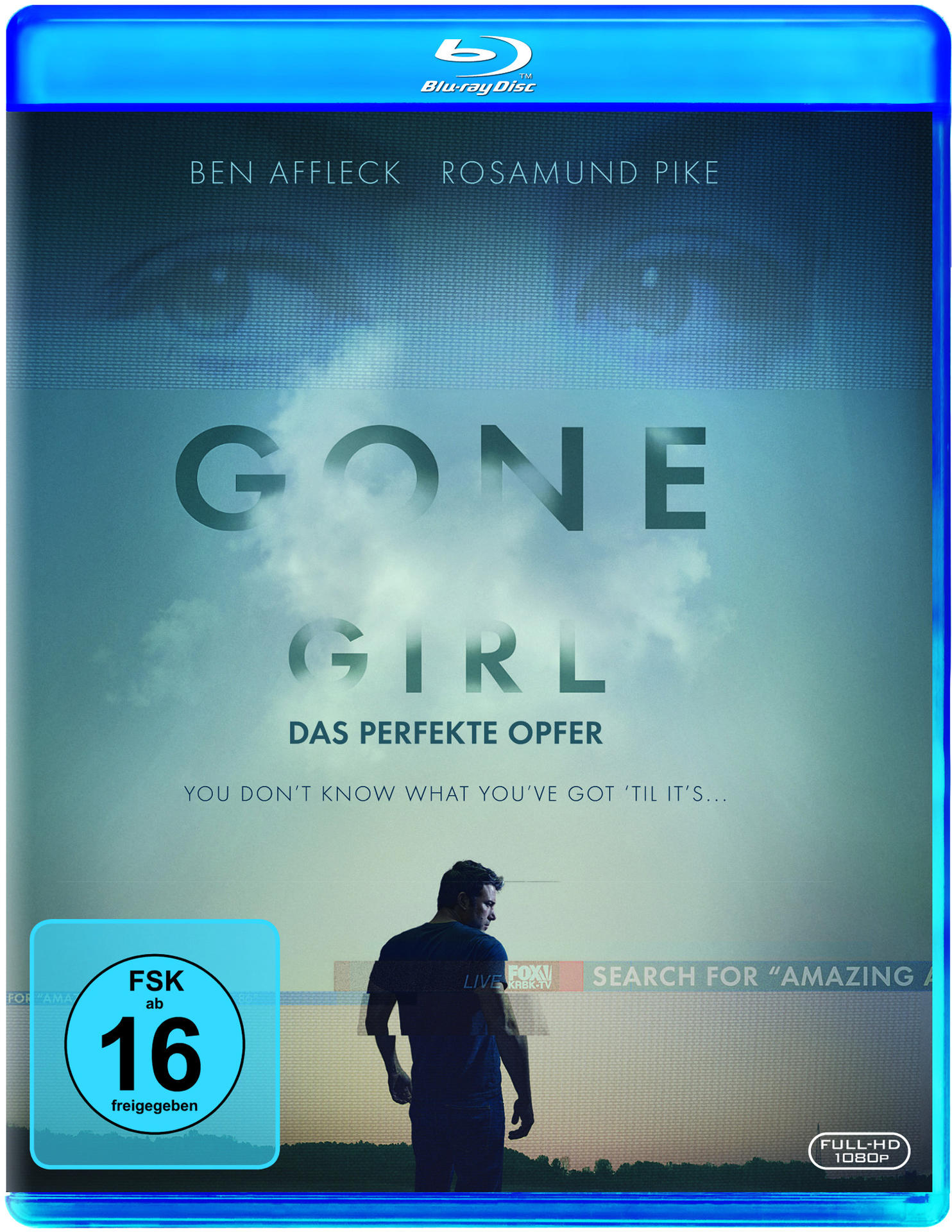 Gone Girl Blu-ray-Cover, Mann in dunkler Kleidung blickt nach unten, Text, Hintergrund, Drama.