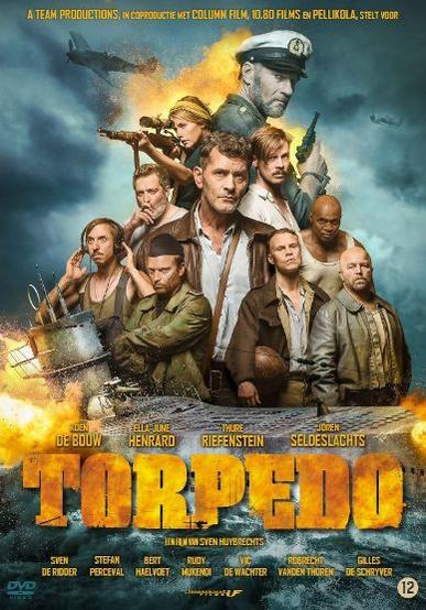 Filmposter: Een groep mannen in marine-uniformen, titel "TORPEDO" en een onderzeeër.
