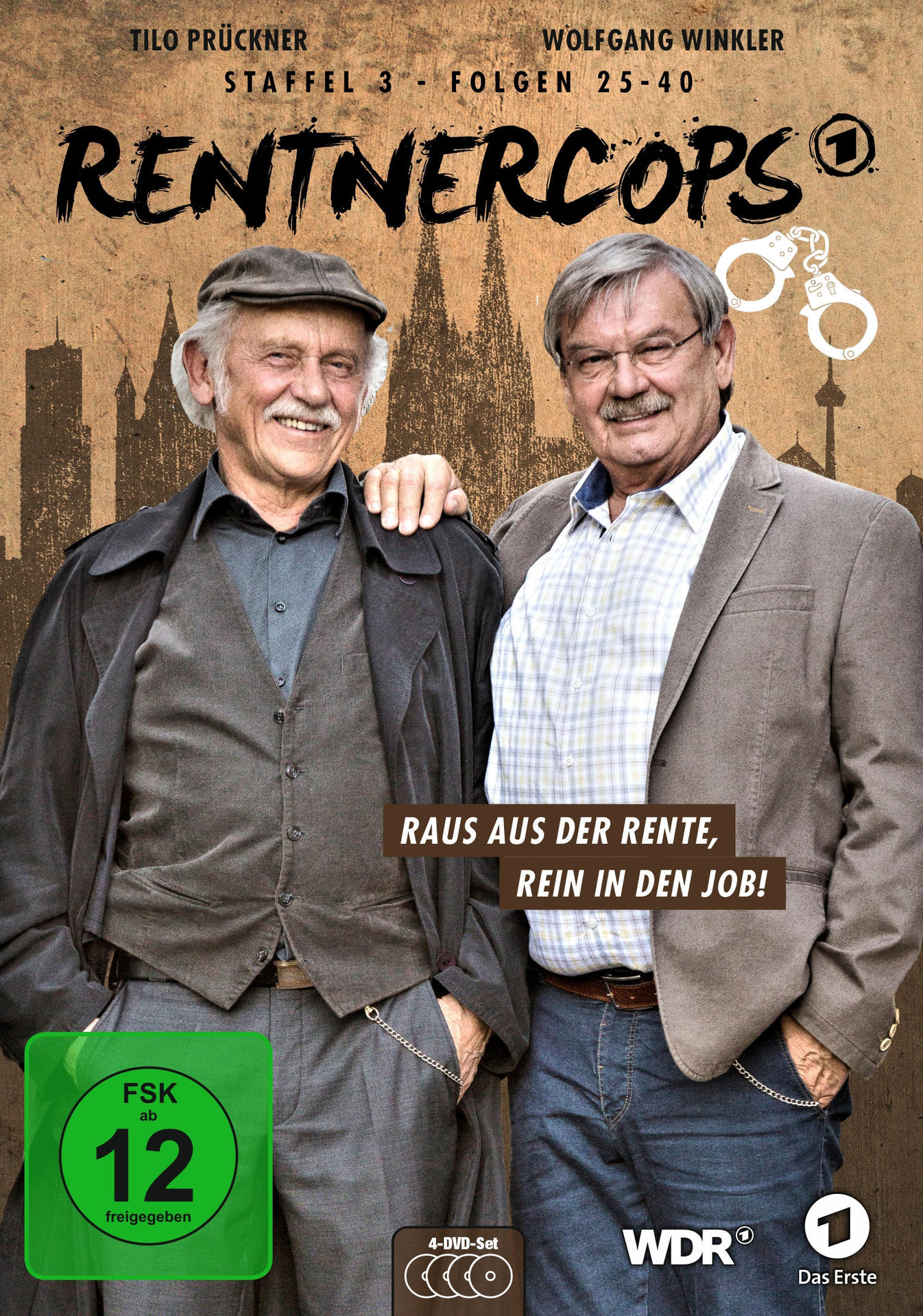 DVD-Cover. Zwei ältere Männer lächeln. Text: Rentnercops, Raus aus der Rente, rein in den Job!