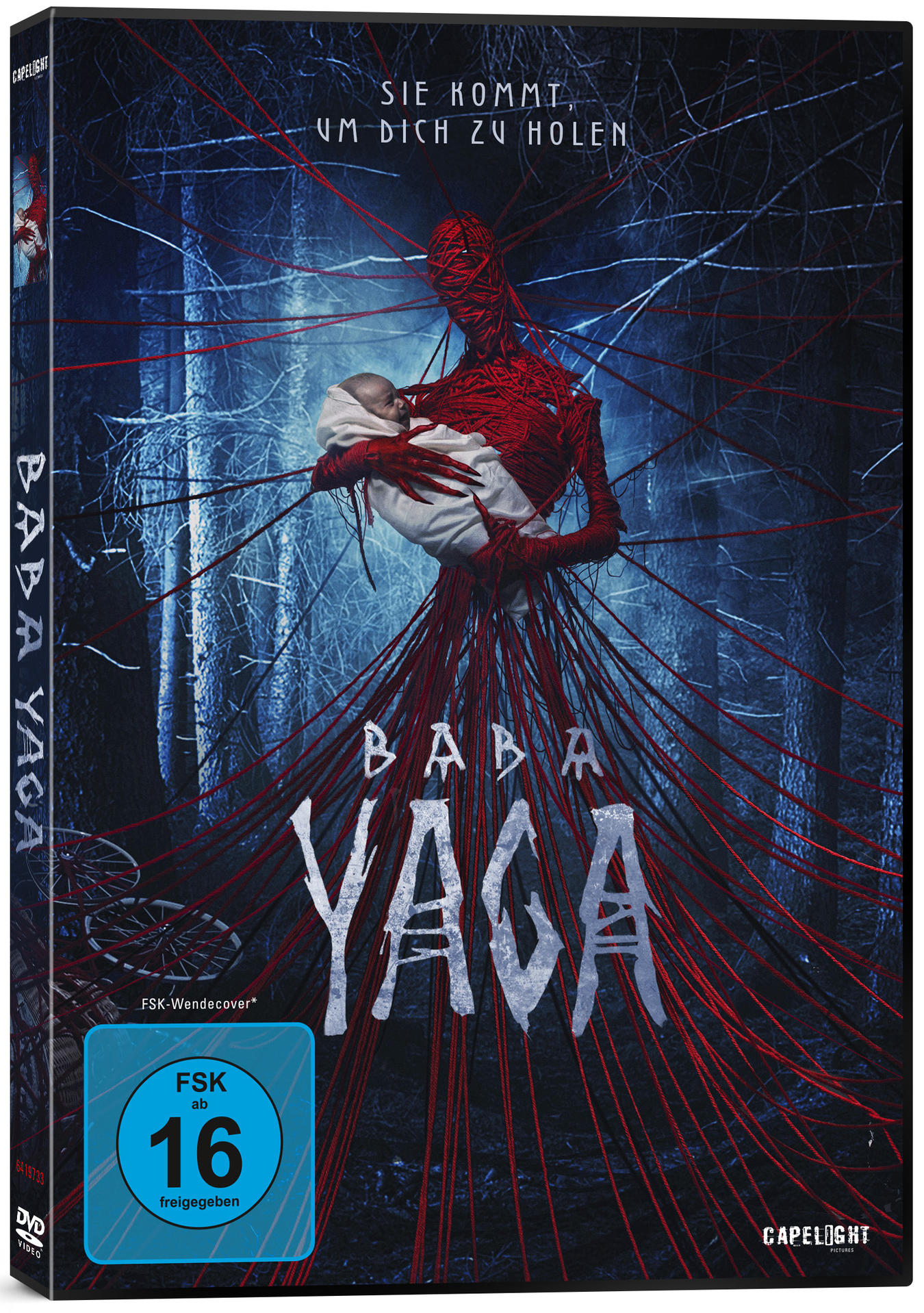 DVD-Hülle für den Film Baba Yaga, mit einer gruseligen Figur und einem Baby.