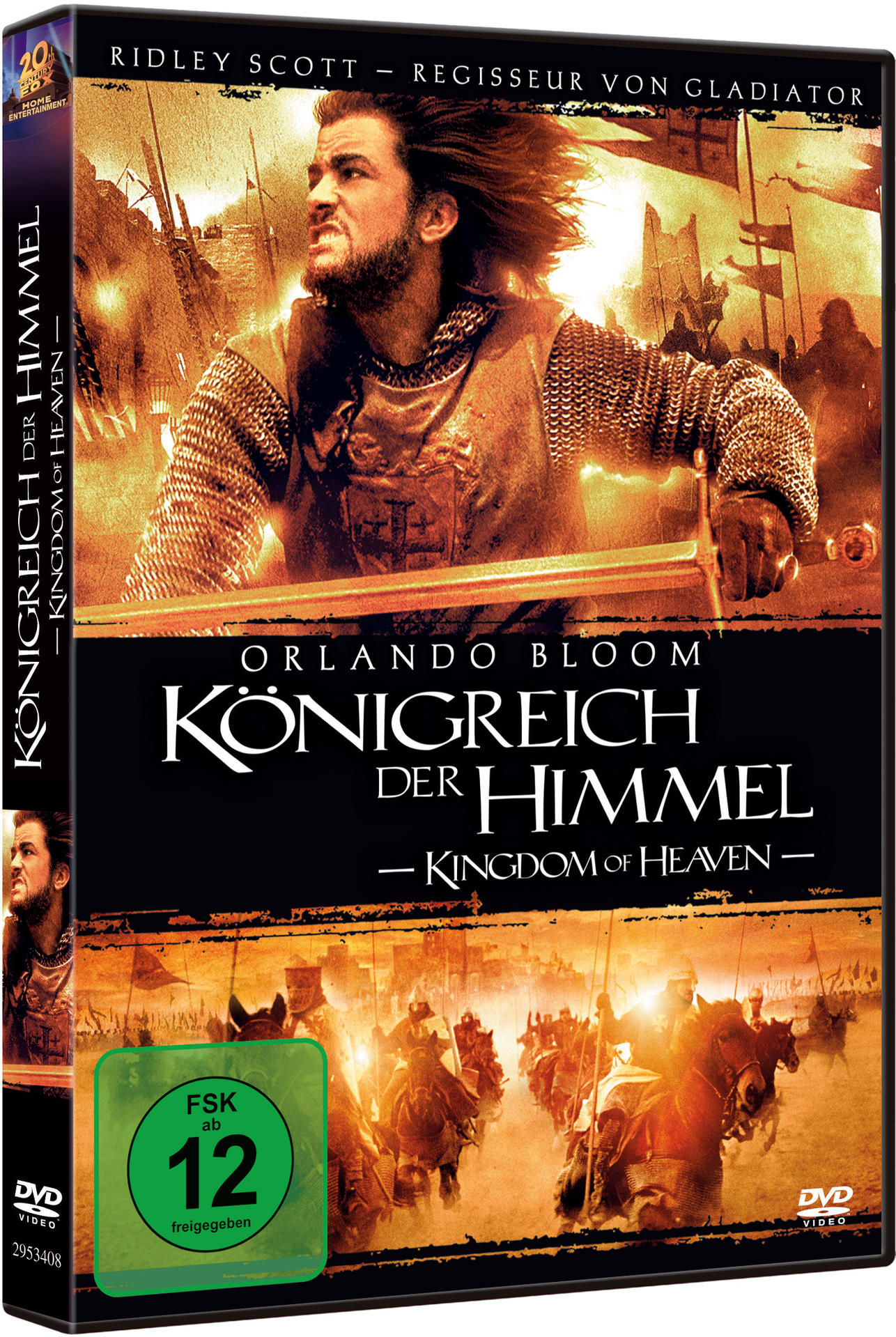 Königreich der Himmel DVD-Cover. Orlando Bloom, Soldaten auf Pferden und brennender Hintergrund.