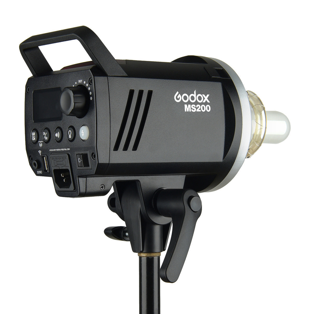 Schwarzer Godox MS200 Studioblitz mit Bedienfeld und Ständer.