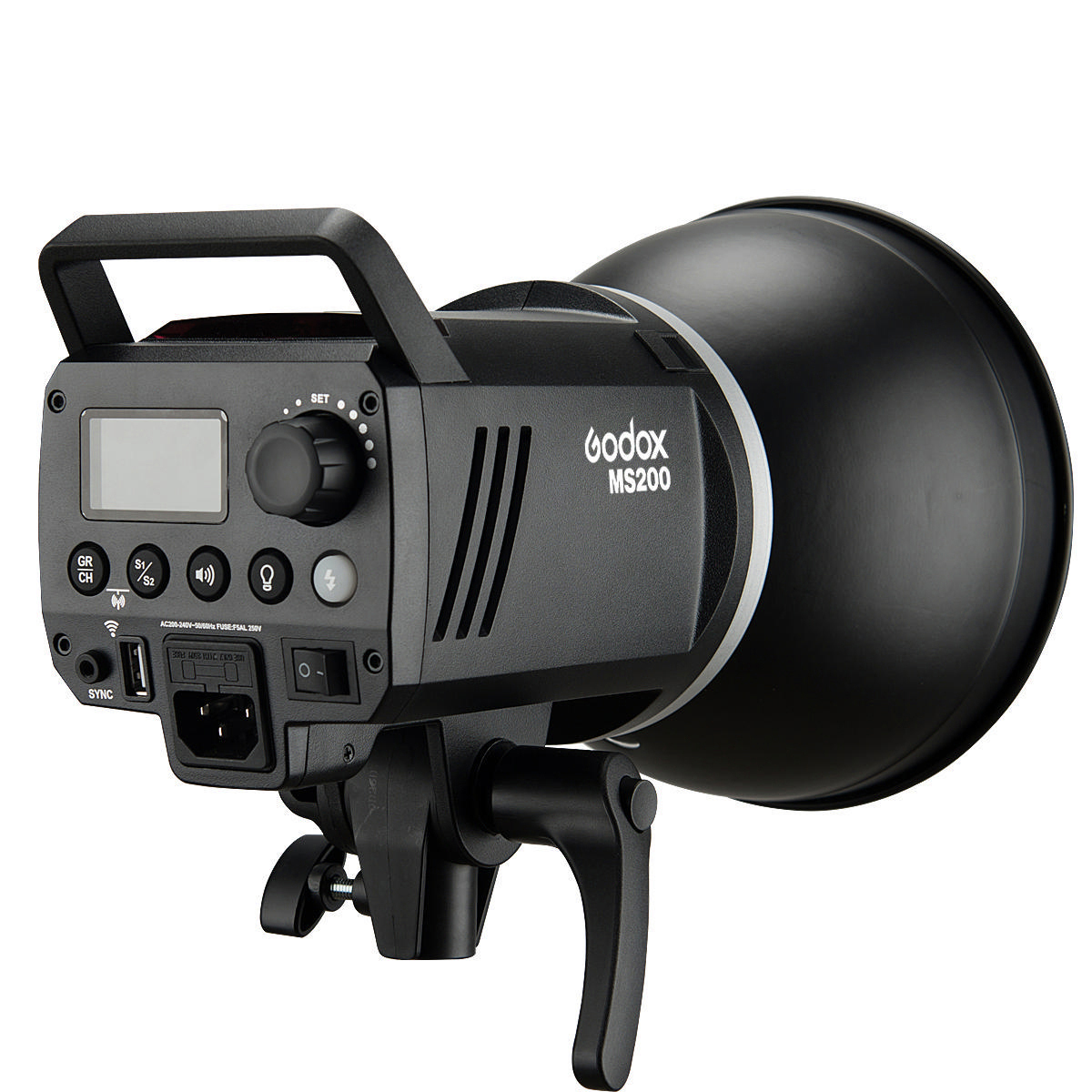 Schwarzer Godox MS200 Studioblitz mit Griff, Bedienfeld und schwarzem Reflektor.