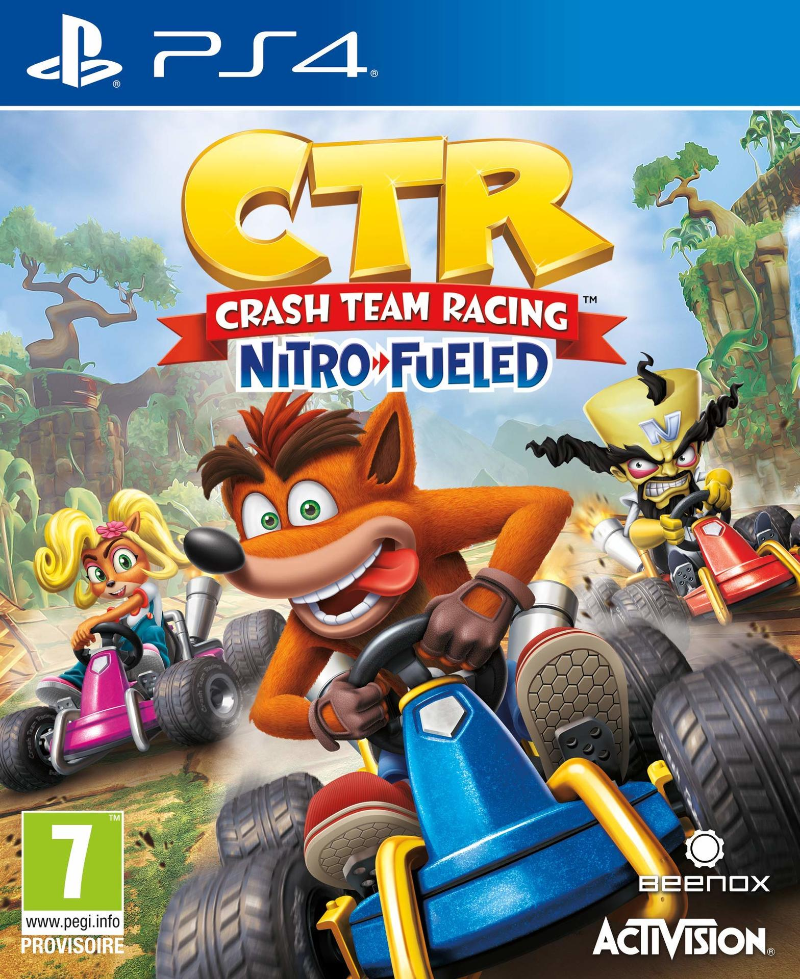 Portada del juego Crash Team Racing. Personajes de dibujos animados compitiendo en karts.