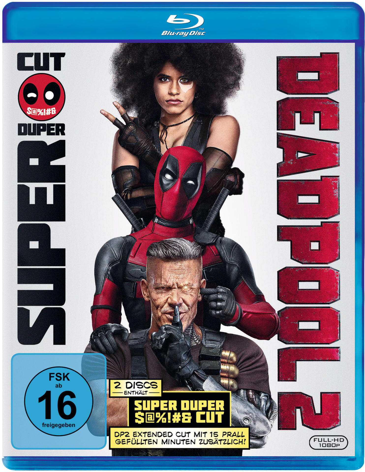 Deadpool 2 Blu-ray-Cover. Deadpool, Cable und eine Frau sind abgebildet. Das Cover ist hauptsächlich rot und blau.
