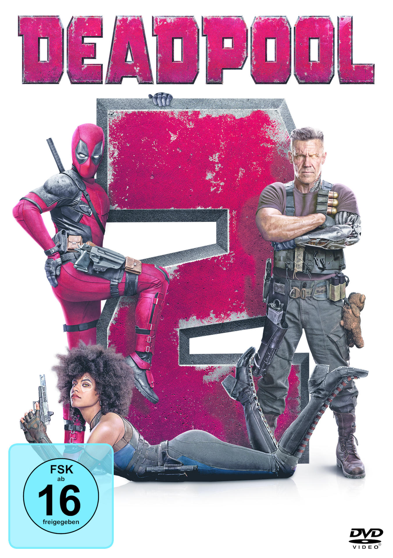 Deadpool 2 DVD-Cover, Deadpool, Cable und Domino posieren, Deadpool trägt einen roten Anzug.