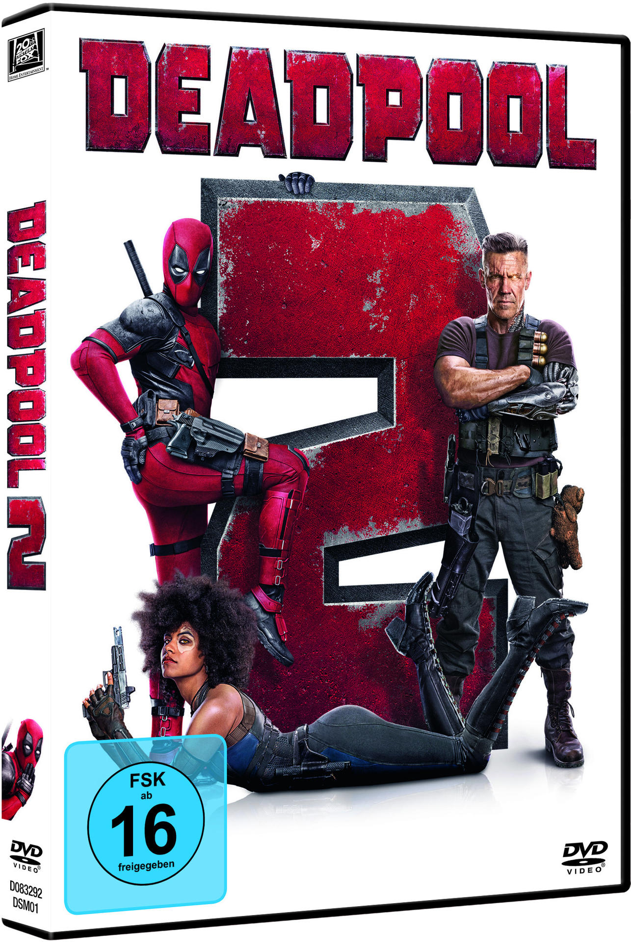 DVD-Hülle von Deadpool 2 mit posierenden Charakteren. Rotes und schwarzes Farbschema.