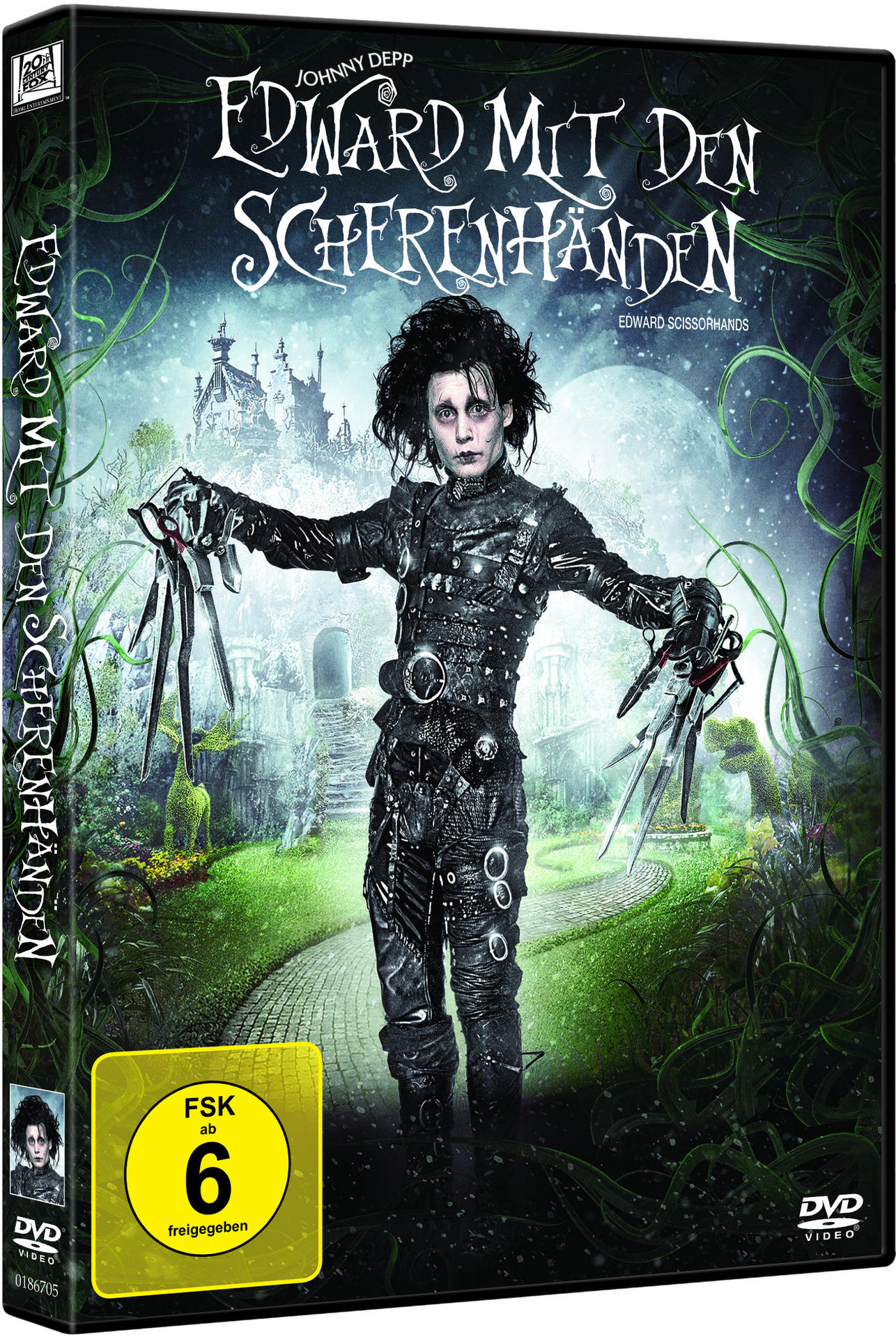 DVD-Cover von Edward mit den Scherenhänden mit Johnny Depp, eine gotische Szene und Text auf Deutsch.