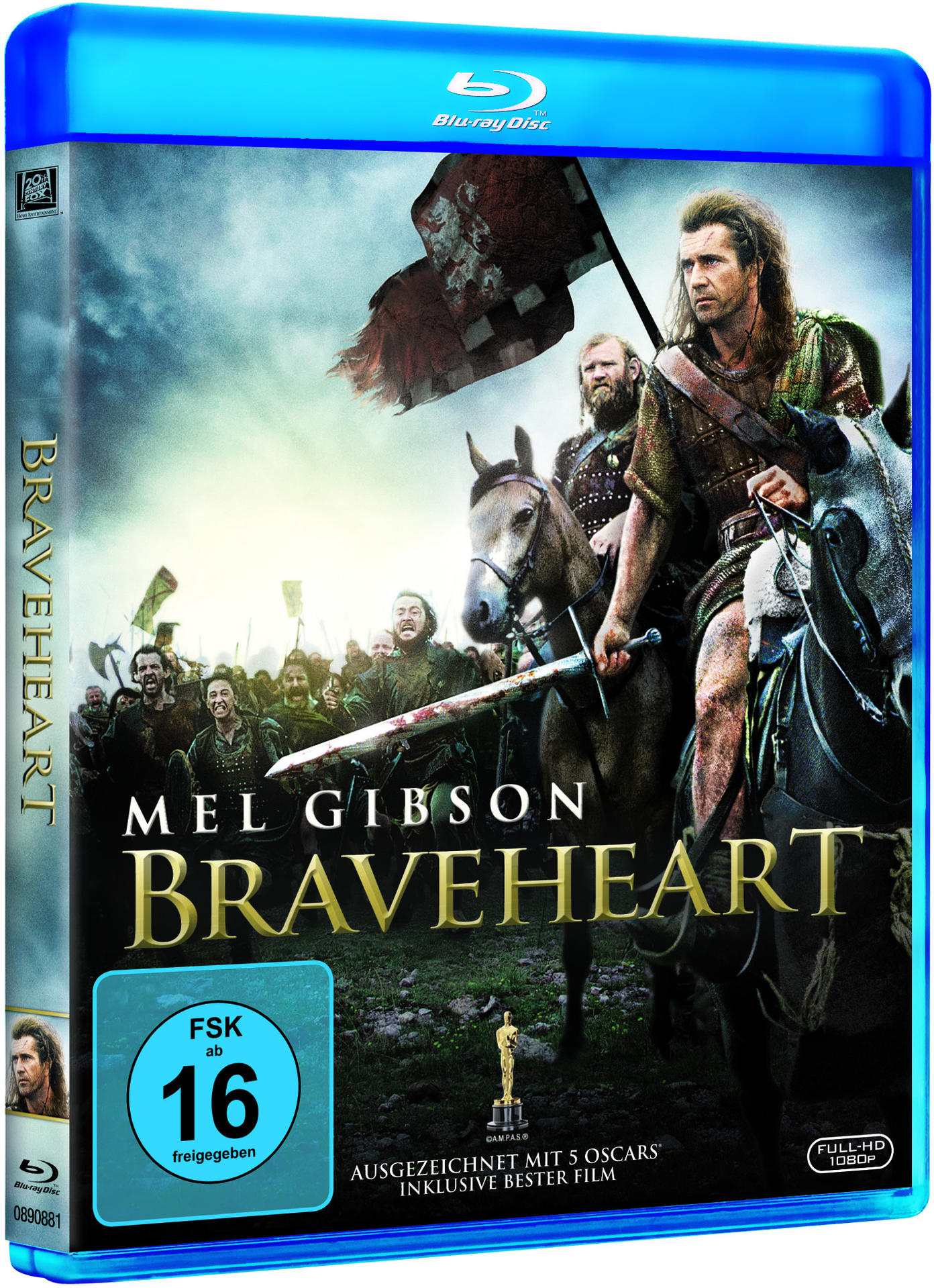Blu-ray-Cover von Braveheart mit Mel Gibson auf dem Pferd und Text auf Deutsch.