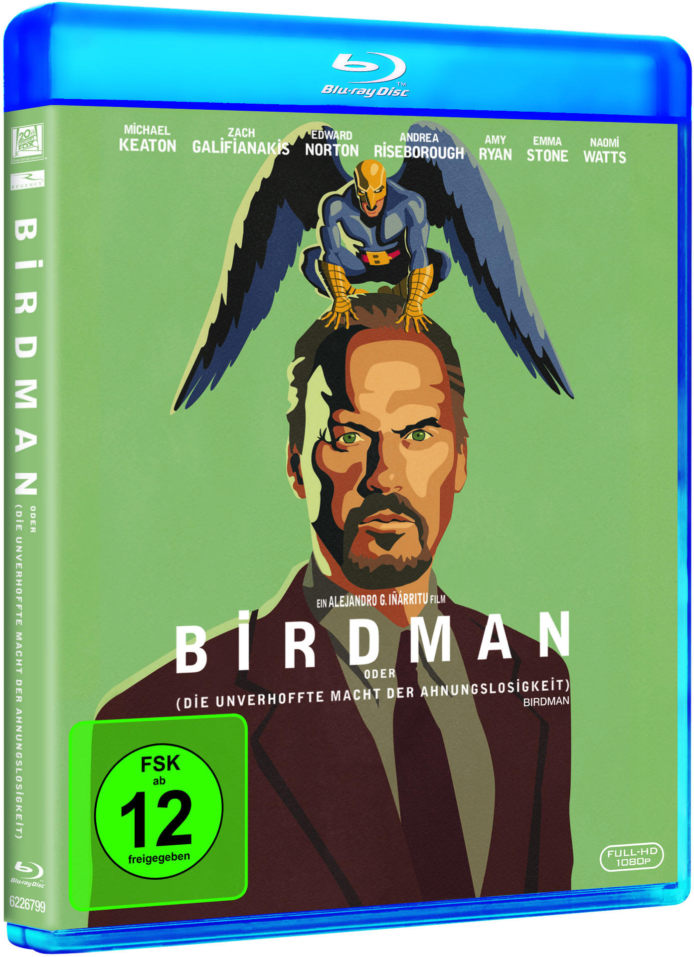 Blu-ray-Disc-Hülle für den Film 'Birdman' mit Namen der Schauspieler und grünem Rating-Aufkleber. Blaue Hülle.