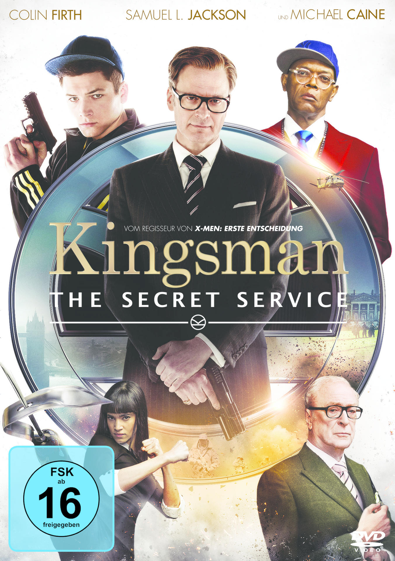 DVD-Cover von 'Kingsman: The Secret Service'. Colin Firth, Samuel L. Jackson u.a. Action-Szene.