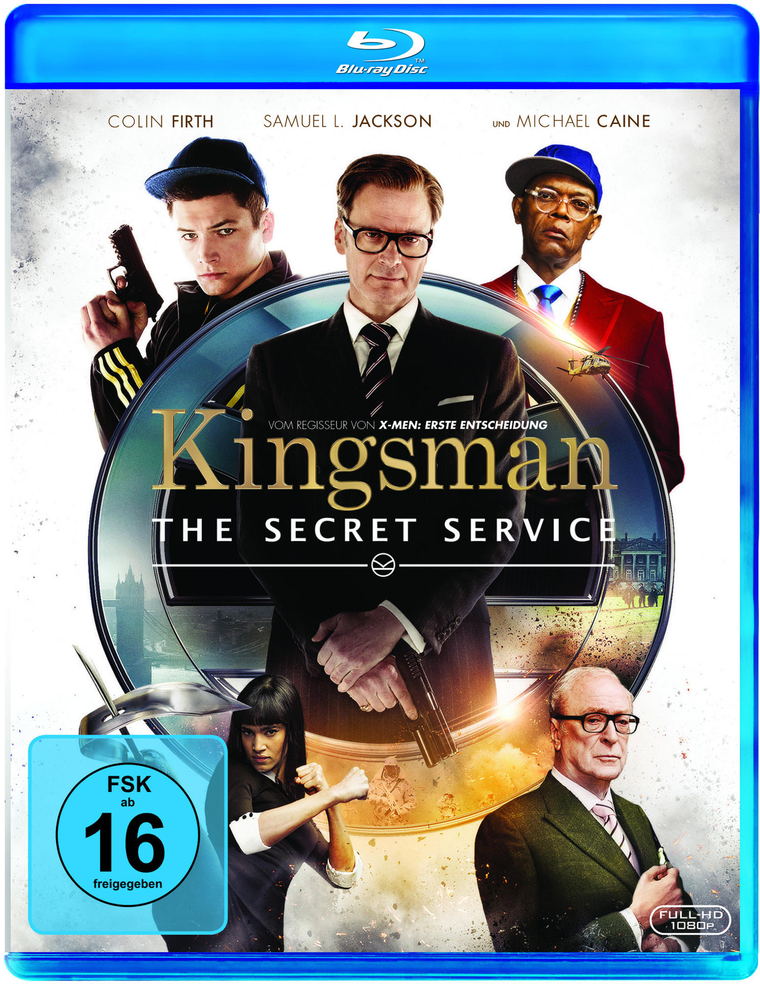 Blu-ray Disc-Cover. Bilder von Schauspielern und der Filmtitel: Kingsman.